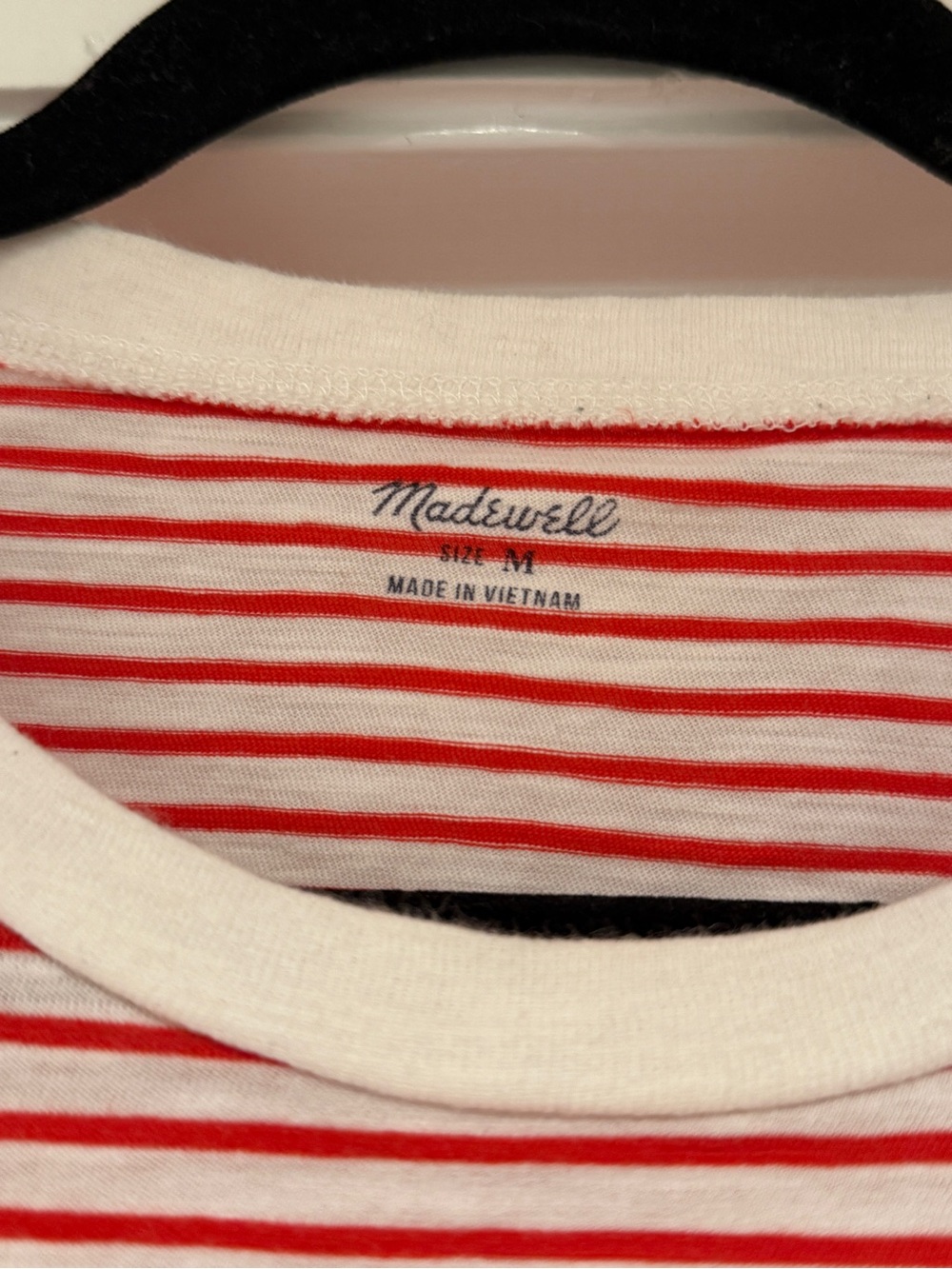 Madewell Red and White Short Sleeve Cotton Crew Neck Brandy Pocket Tee Top - Picture 5 of 7